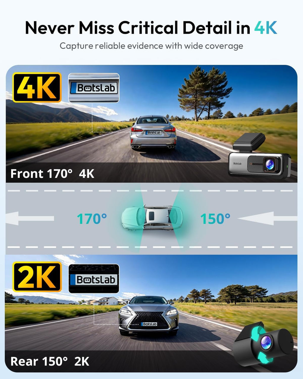 BOTSLAB G980H 4K STARVIS Dash Cam delantera y trasera, sin tarjeta SD [2026