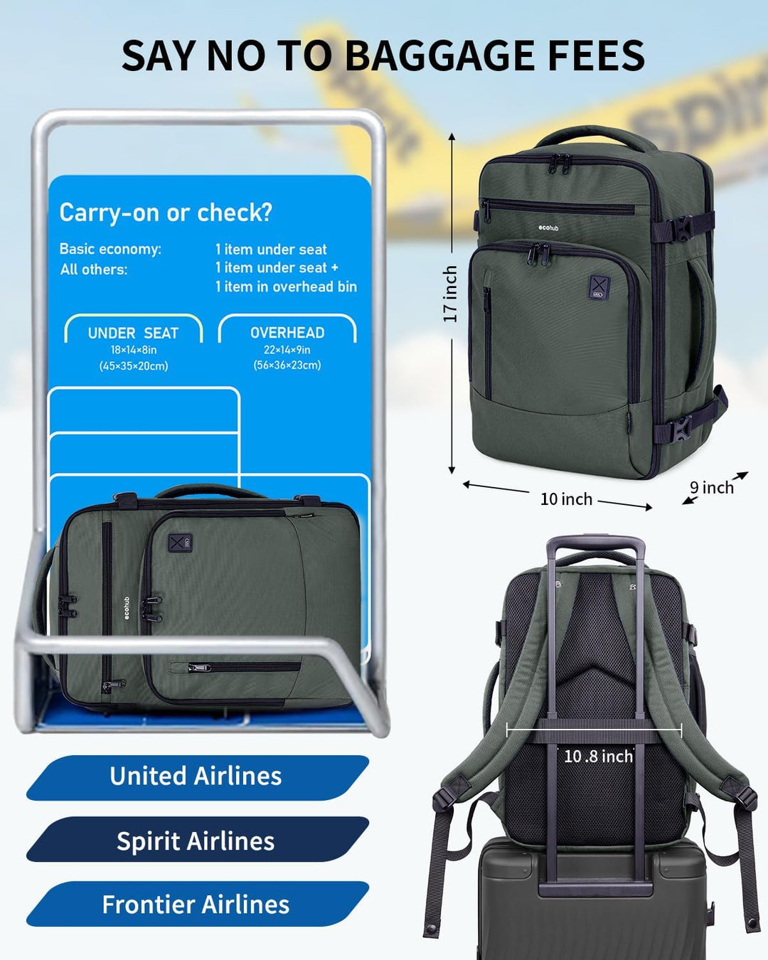 ECOHUB Mochila de Viaje Mochila de Equipaje de Mano, Verde-2, Mochi...