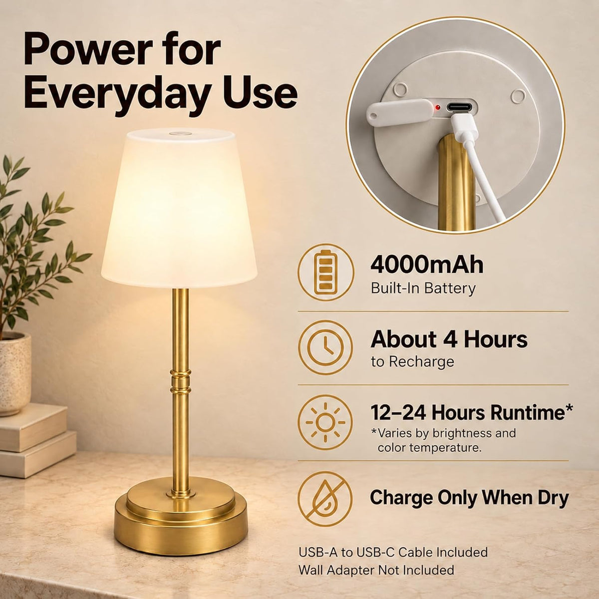 Lámpara Lámpara de mesa LED inalámbrica recargable, lámpara de ducha IP65, dorado
