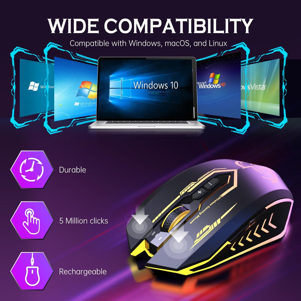 Wireless USB Gaming Mouse, recargables uhuru 5 botones 7 Changeable LED Color ergonómico programable MMO RPG para PC computadora Portátil gaming jugadores