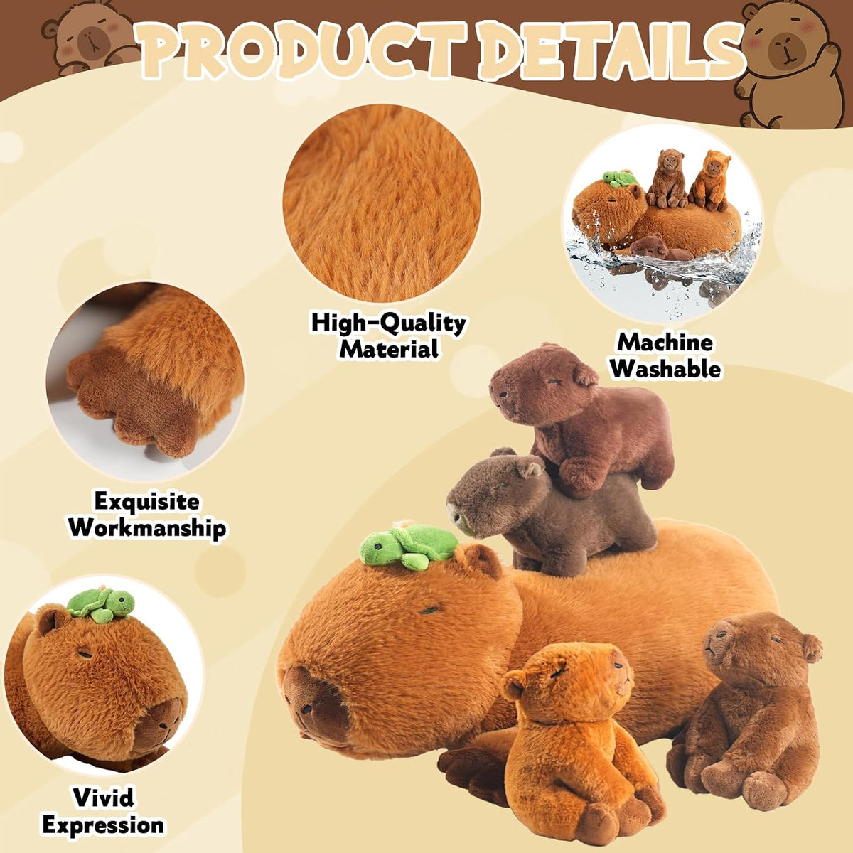 Capybara - Peluche con 4 bebés en la barriga, lindo animal de peluche