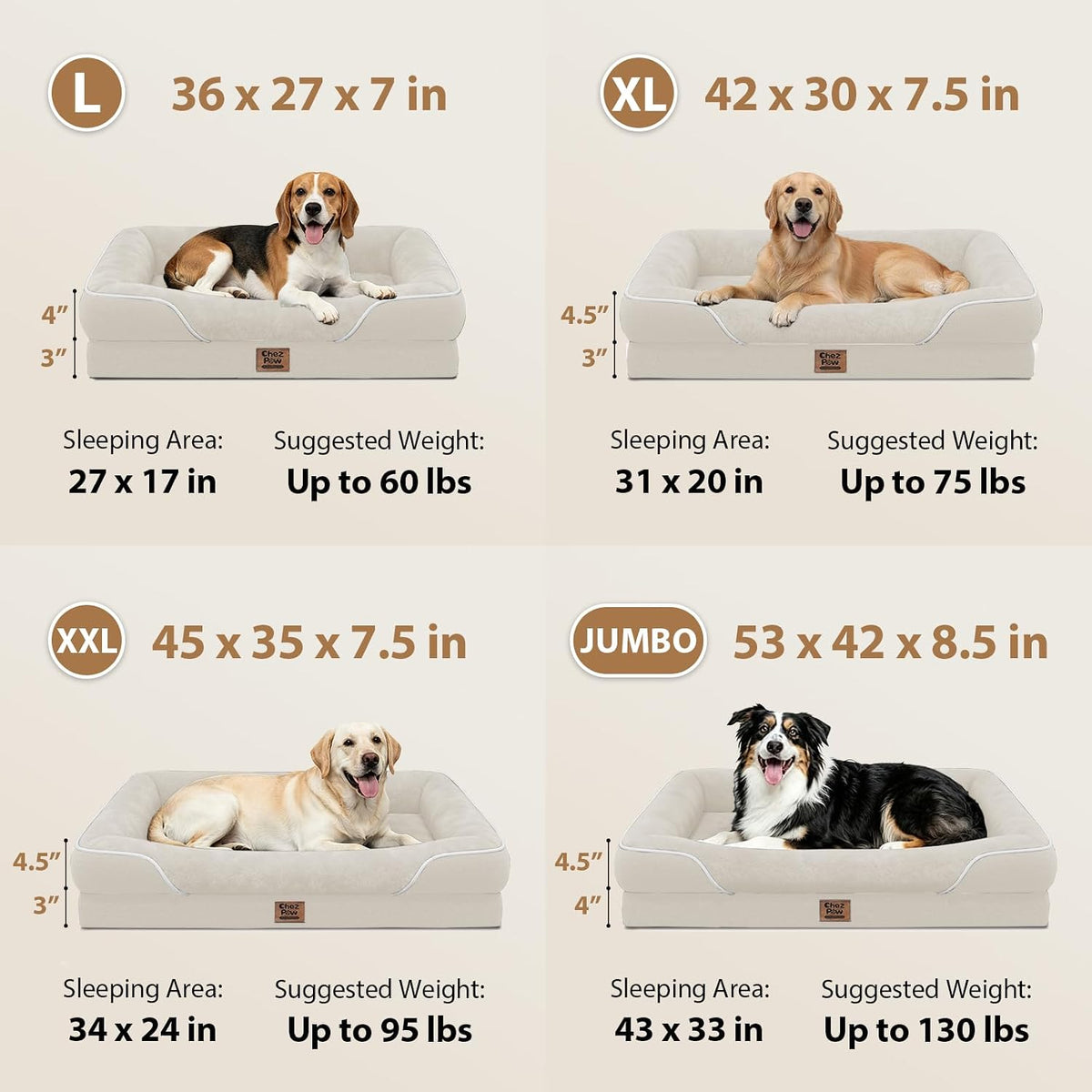 Cama ortopédica impermeable para perros de tamaño grande, beige