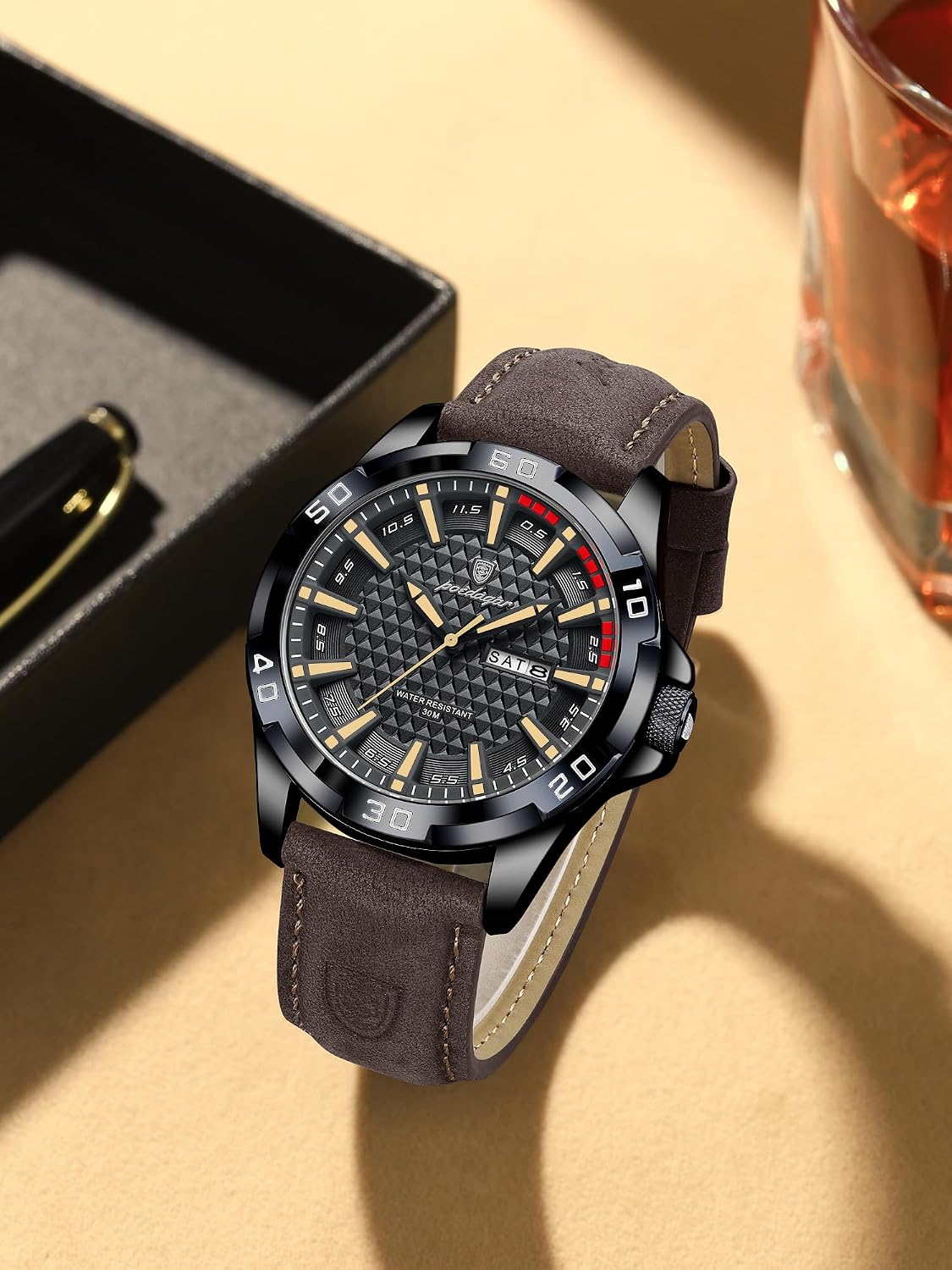 Poedagar Reloj de pulsera para hombre, de lujo, impermeable, luminoso, con fecha, para la semana, para negocios, esfera grande, de cuarzo, deportivo, de cuero, para hombre