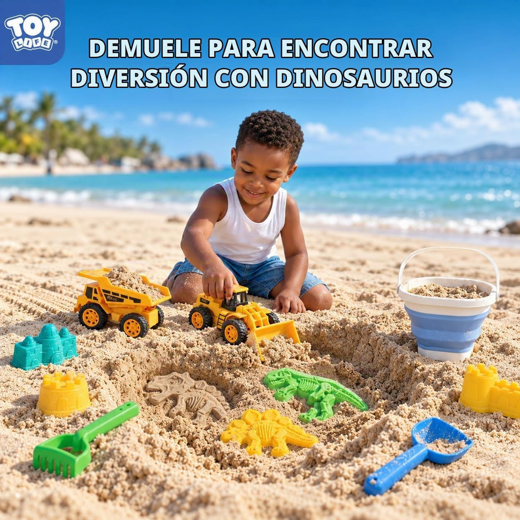 TOY Life Juego de arena de playa de dinosaurio de 22 piezas, 2 autos de