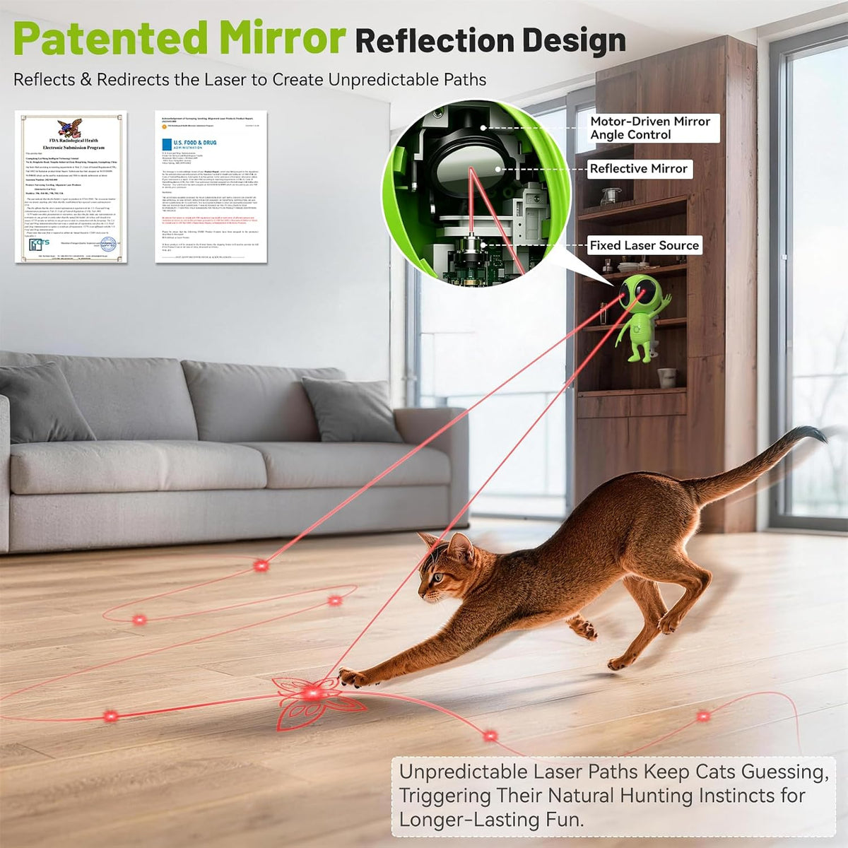 ORSDA Juguetes láser para gatos de interior, 2 en 1, interactivo, automático, doble láser y hierba gatera OVNI para juguetes de gatitos, radar de trayectoria verdaderamente aleatoria activado por movimiento, recargable 4 modos, diseño de abrazadera
