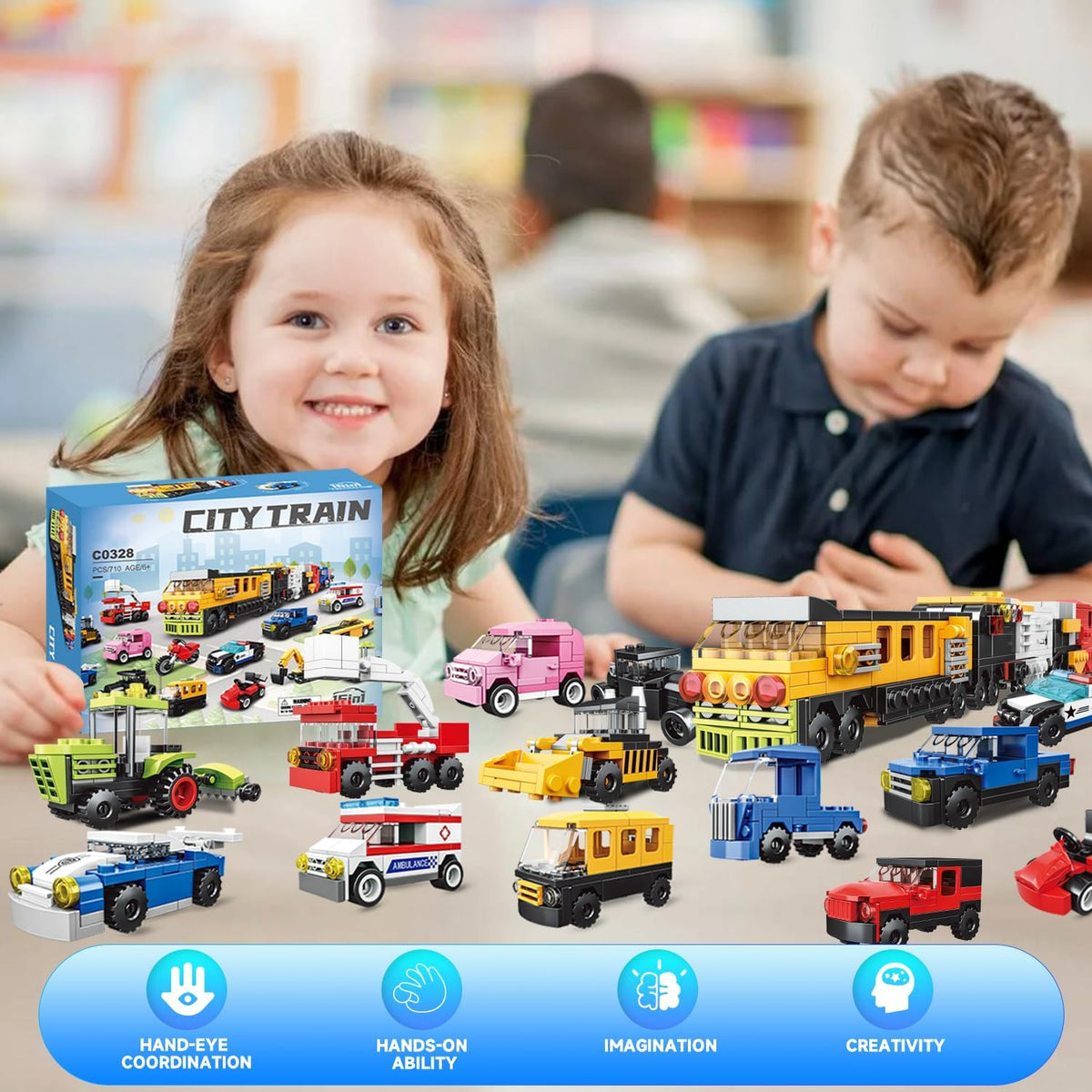 Paquete de 16 bloques de construcción para niños, compatibles con Lego 2 en 1, 710 piezas de kits de construcción de mini ciudad, incluye coche de policía y tren, regalos de juguete de Navidad