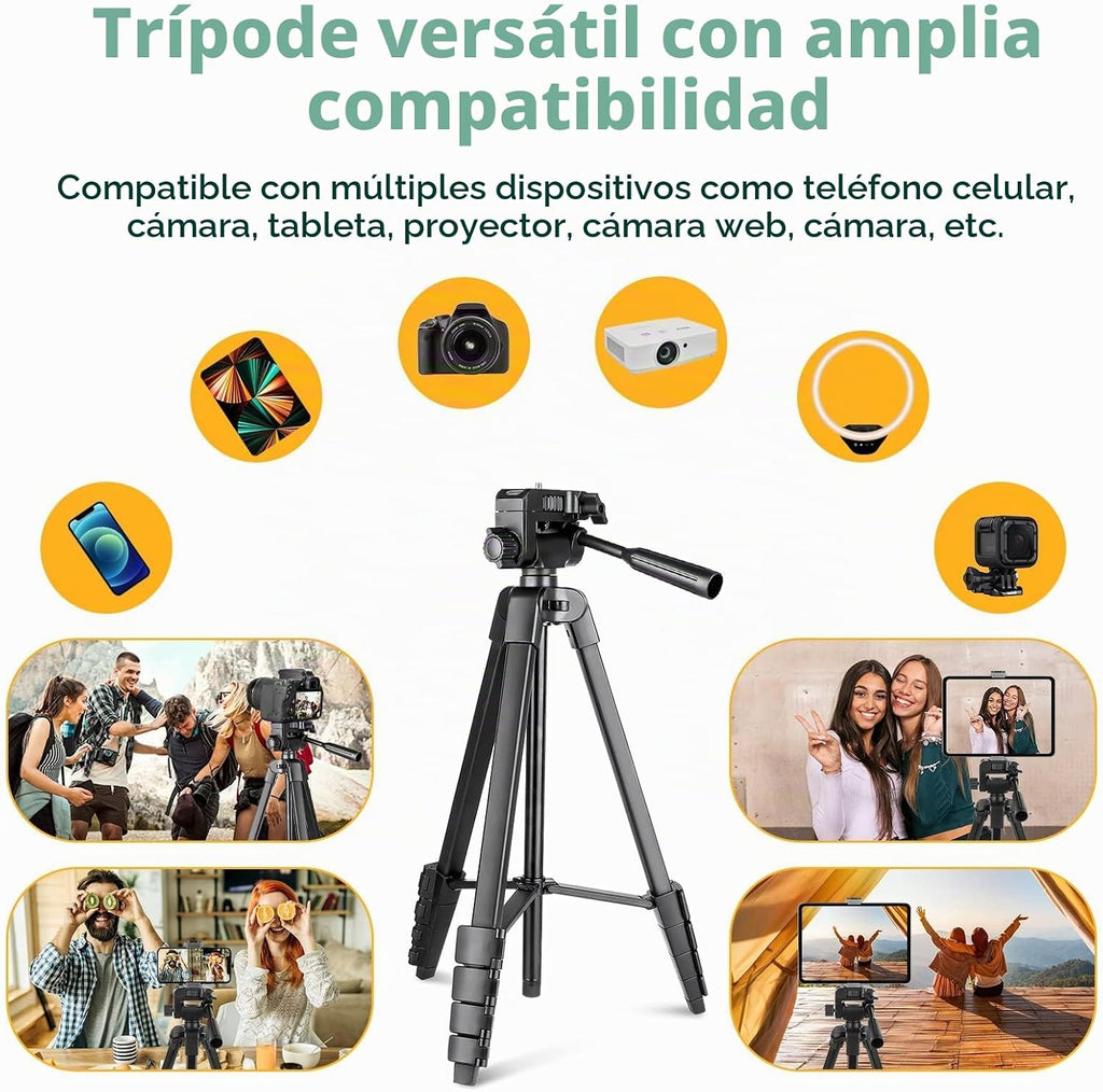 Aureday - Soporte para trípode de teléfono, trípode extensible de 64" para celular y cámara con control remoto inalámbrico y soporte para teléfono, trípode de aluminio para iPad para grabación de