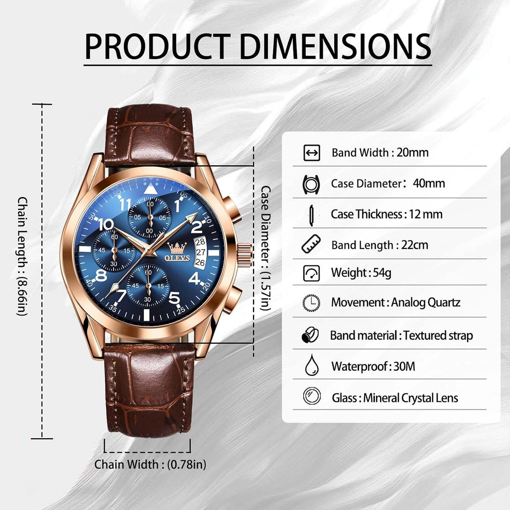 OLEVS Reloj de vestir de cuero para hombre, casual, cuarzo, marrón, pulsera, con fecha
