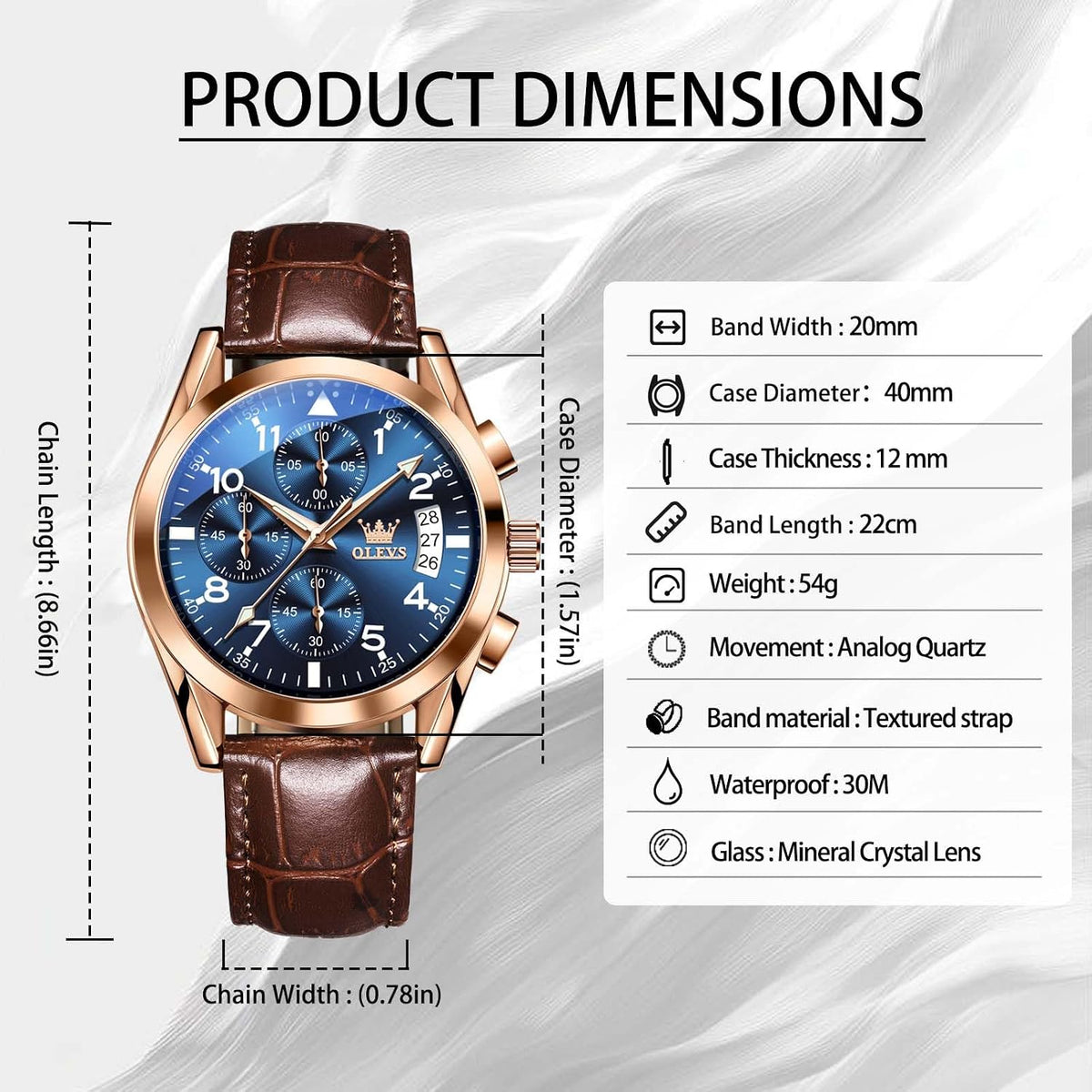 OLEVS Reloj de vestir de cuero para hombre, casual, cuarzo, marrón, pulsera, con fecha