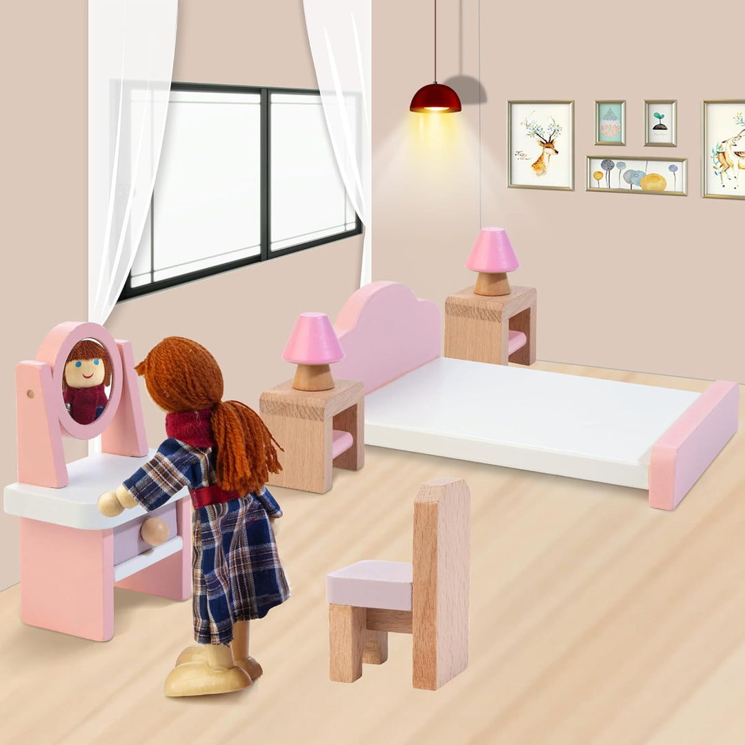 Kizfarm - Juego de muebles de madera para casa de muñecas con 4 muñ...