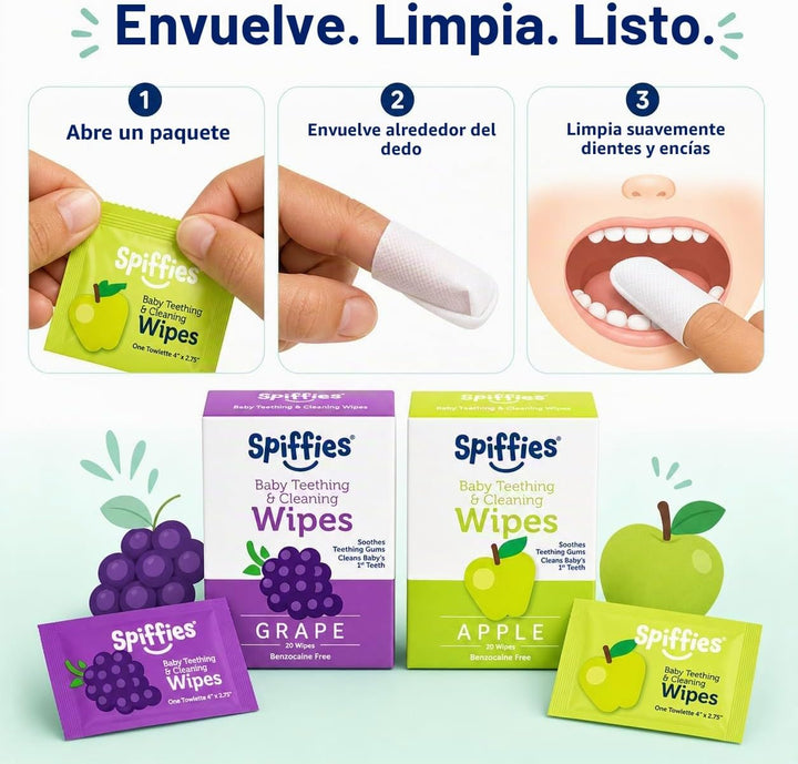 Spiffies - Toallitas de dientes de xilitol para bebés, manzana y uv...