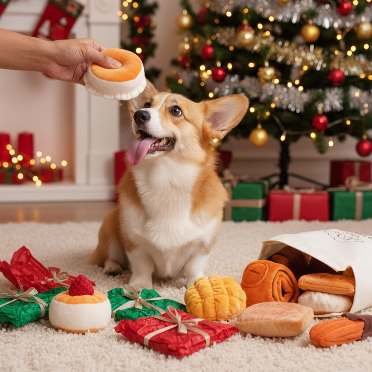 Nocciola Paquete de juguetes de peluche Squeaky Bread para perros – Juguetes para cachorros con bolsa de comestibles para mantenerlos ocupados, juguetes para perros pequeños para el aburrimiento