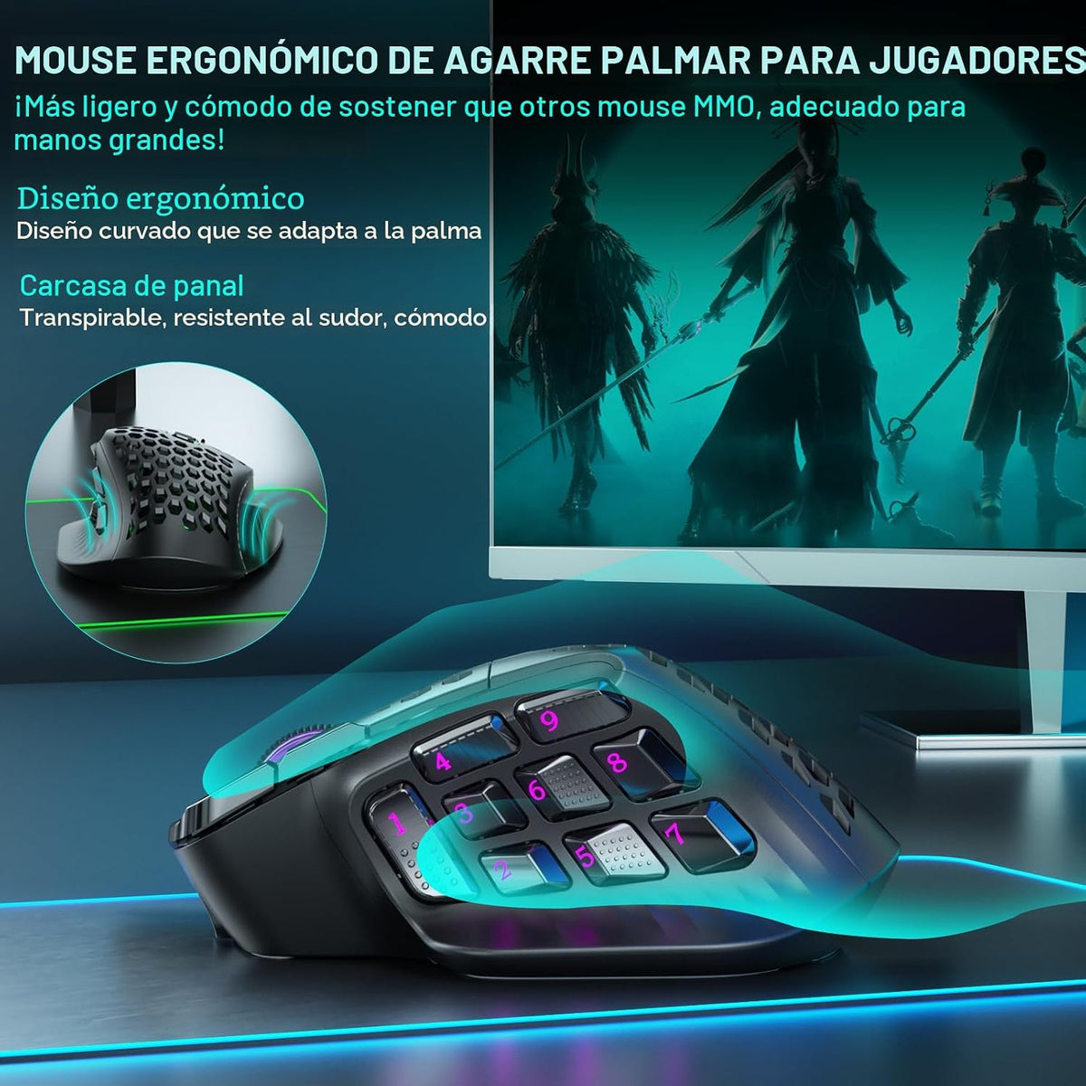 SOLAKAKA SM809 Pro - Mouse para juegos con 9 botones laterales, mou...