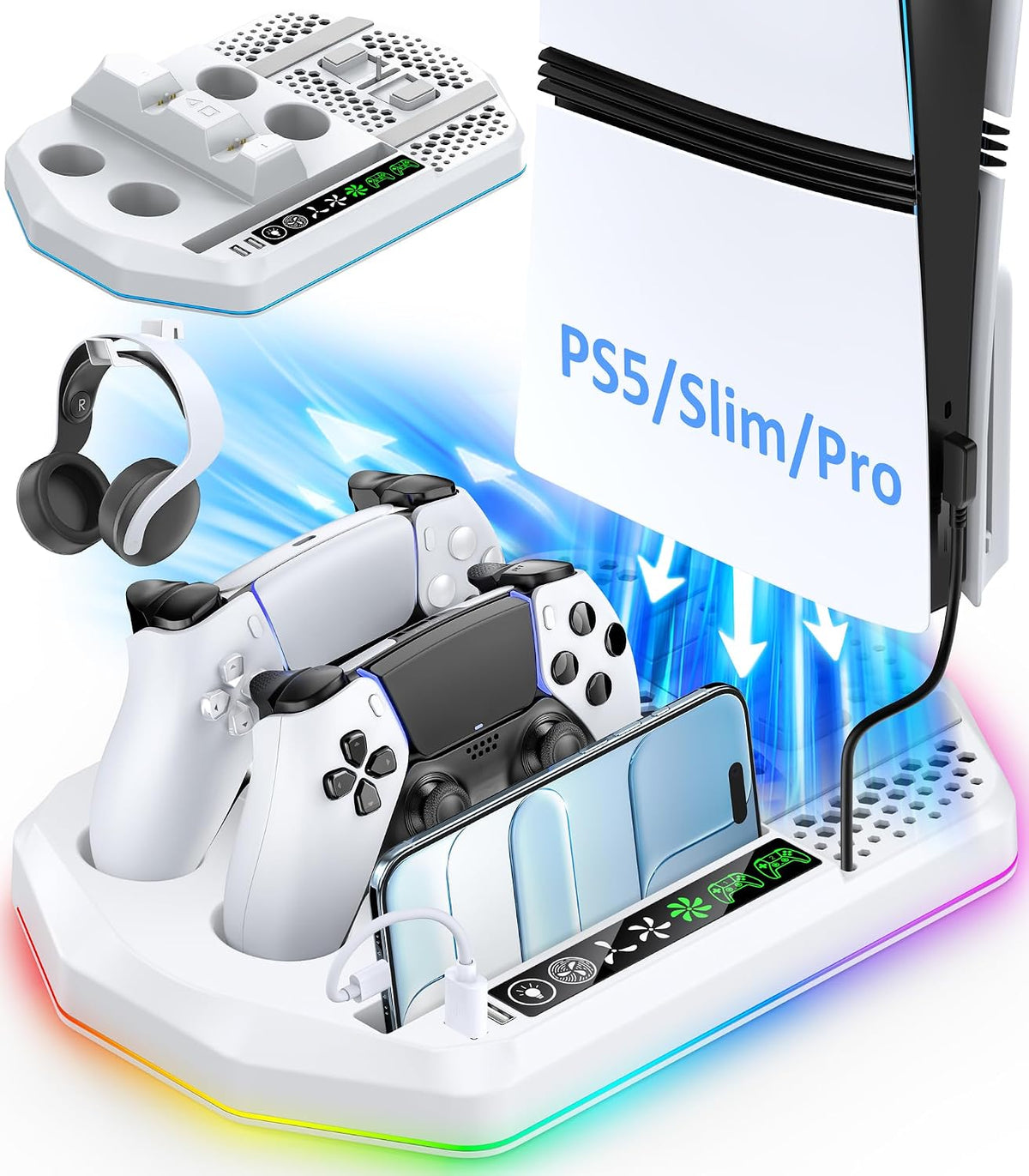 Estación de Enfriamiento con Cargador y Controlador para PS5/Slim/Pro, Soporte Vertical de PlayStation 5 para Consola con Disco y Digital, Estación de Carga Dual para Controladores PS5 con Ventilador de Enfriamiento de 3 Niveles, Juegos de PlayStation 3