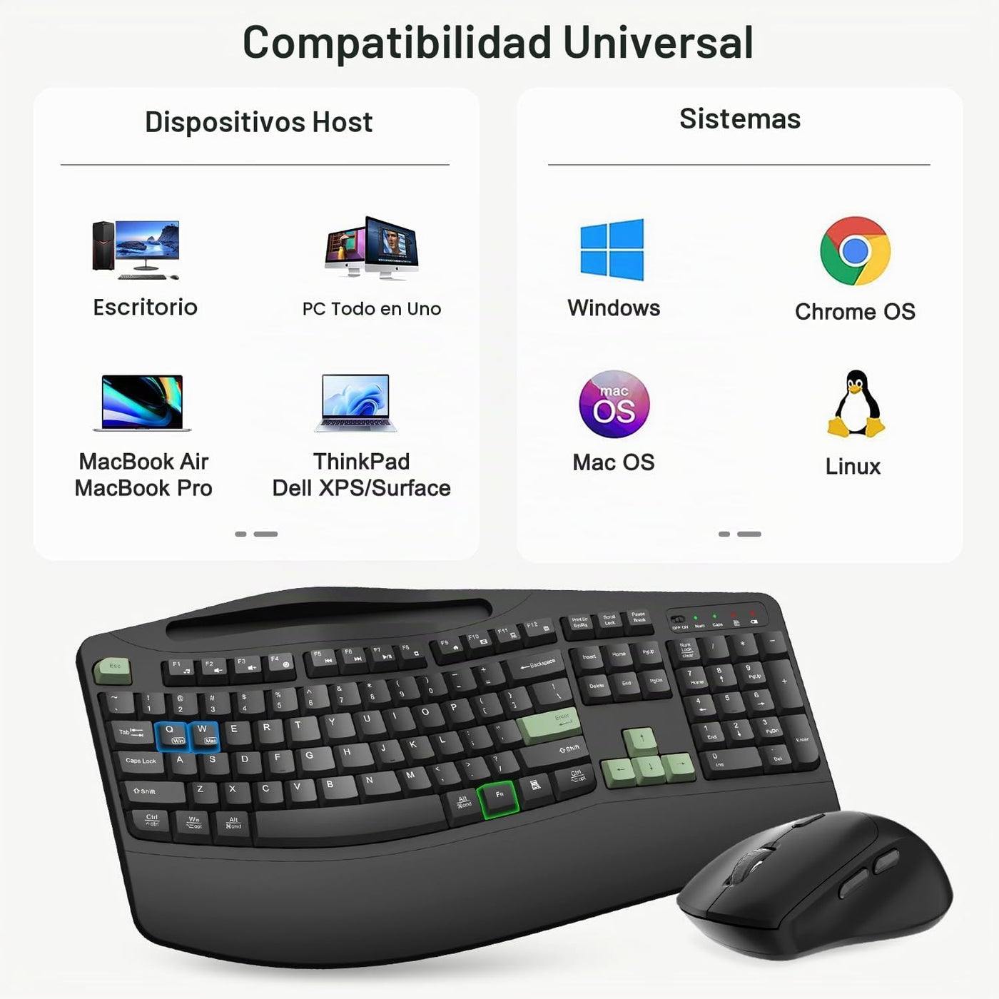 Combo de teclado y mouse inalámbricos, teclas onduladas de tamaño c...