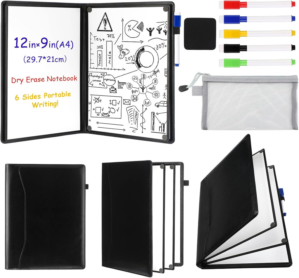 Feifeiya Cuaderno portátil de borrado en seco de 6 lados, negro, A4 9" X 12