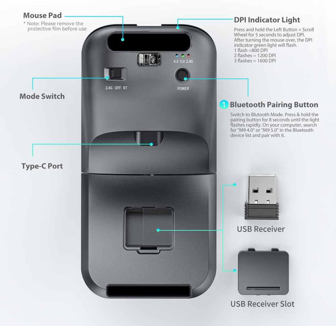 Ratón de viaje inalámbrico Bluetooth Arc, Bluetooth 5.0\/4.0 y 2.4G...