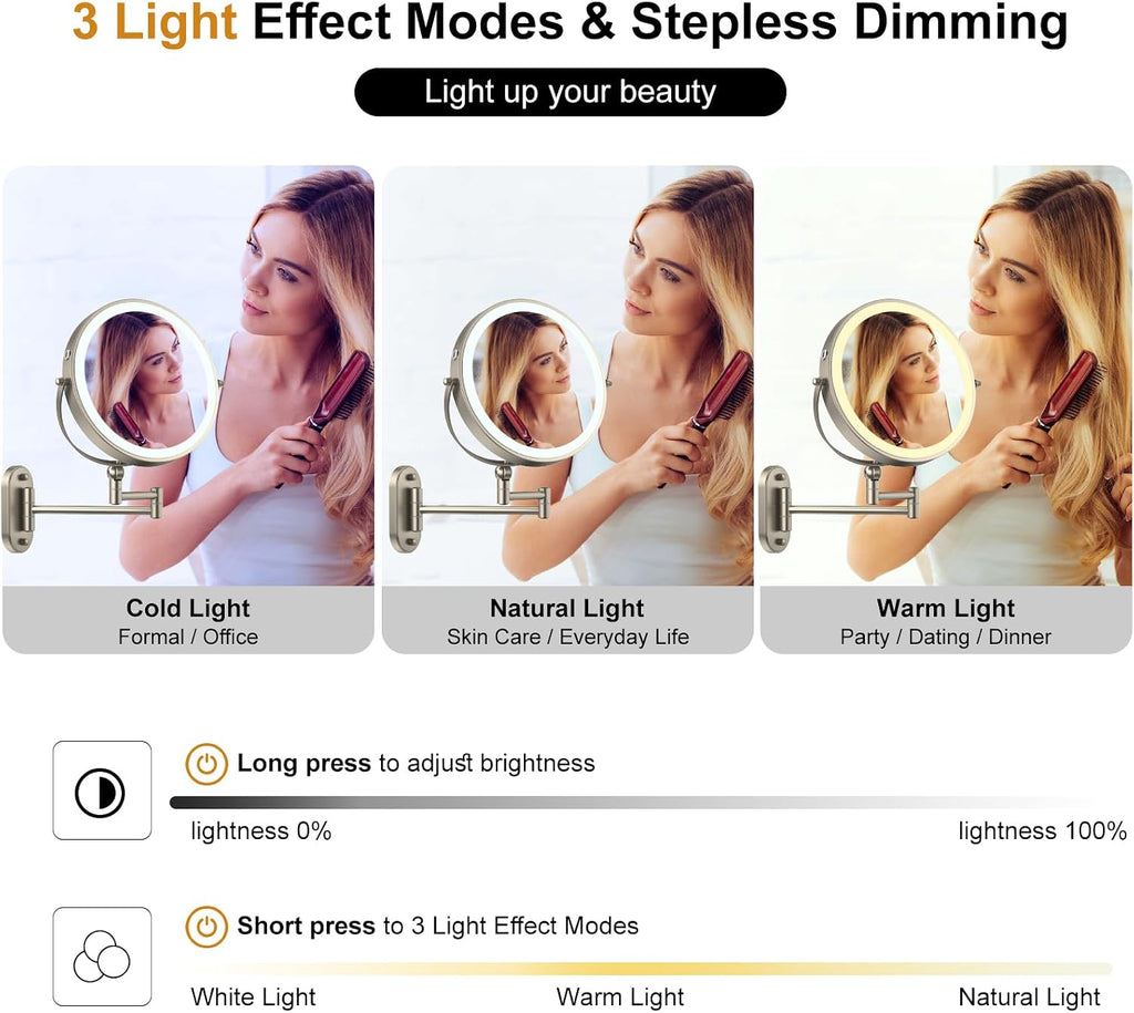 IMIKONA Espejo de maquillaje iluminado de pared de 9 pulgadas, espejo de aumento de doble cara recargable de 4000 mAh 1X/10X con luz, 3 luces de color, regulable al tacto, espejo de maquillaje montado en la pared con brazo extendido de rotación de 360