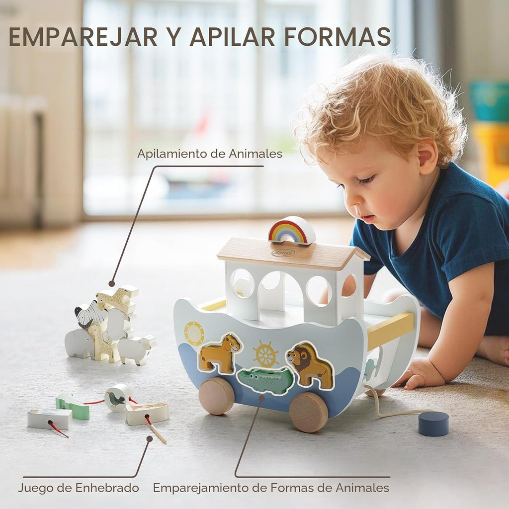 Joyreal Juguete de madera del arca de Noé para regalo de bautismo de bebé niño y niña de 1 año, juguete educativo Montessori de color neutro con clasificador de formas de animales, juguetes cristianos