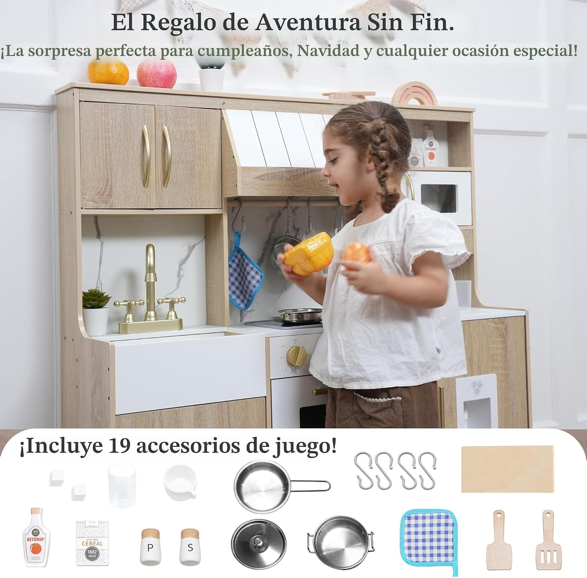 Cocina de madera para niños con luces y sonidos, diseño moderno