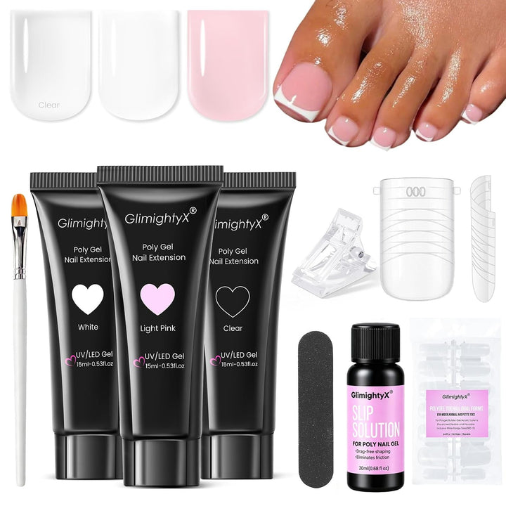 GlimightyX Kit de uñas de Polygel, blanco transparente, rosa con fo...