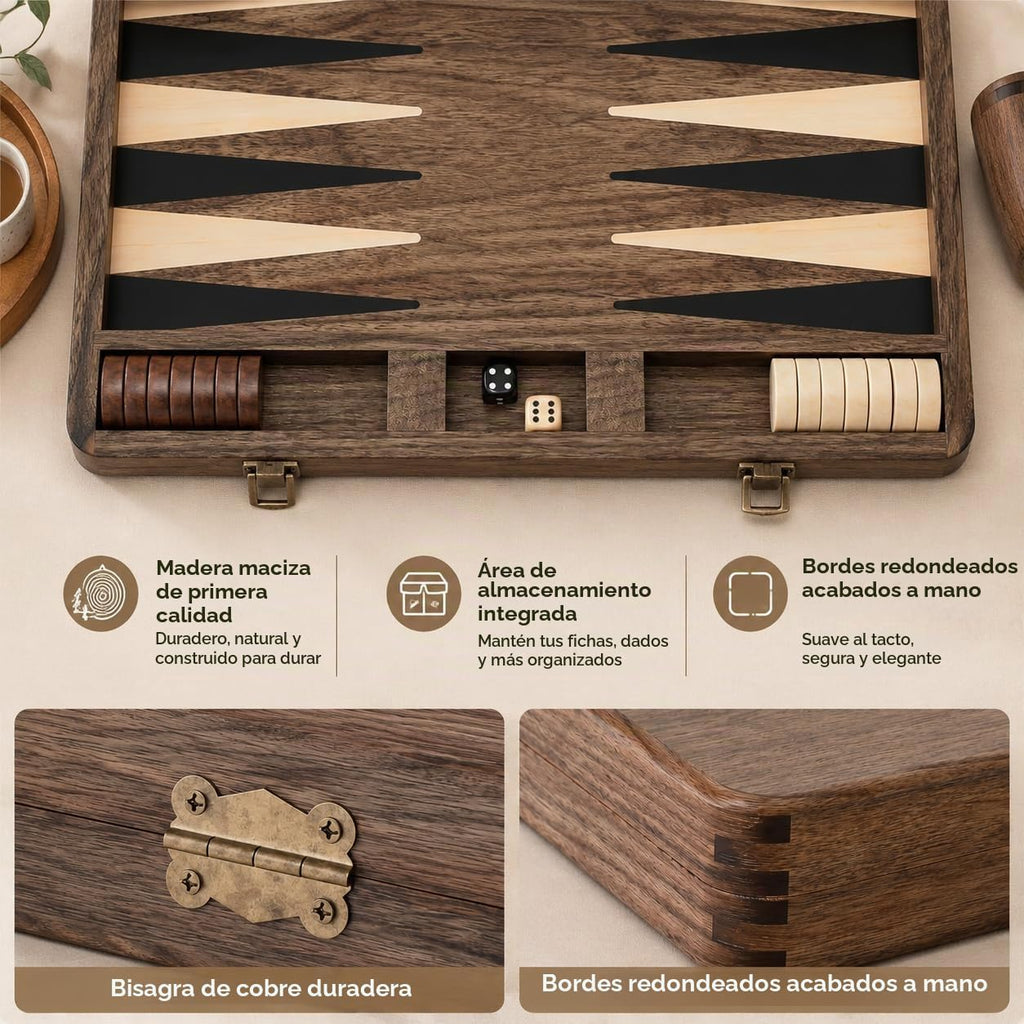 Juego de backgammon de nogal de lujo, tablero de madera con estuche de viaje, cubo doble