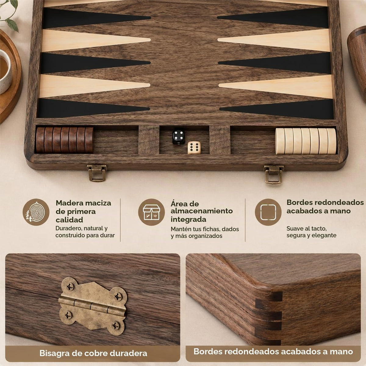 Juego de backgammon de nogal de lujo, tablero de madera con estuche de viaje, cubo doble