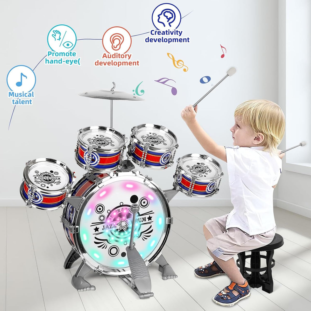 Set de Batería para Niños para Toddlers Edad 3+, Juguete de Tambores Musicales con Banco y Platillo
