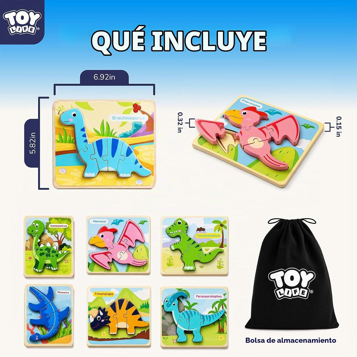 TOY Life Rompecabezas para niños de 2 a 4 años, rompecabezas de madera para niños pequeños de 1 a 3 años, 7 piezas de rompecabezas de dinosaurios de 2 años, rompecabezas para niños de 3 a 5 años