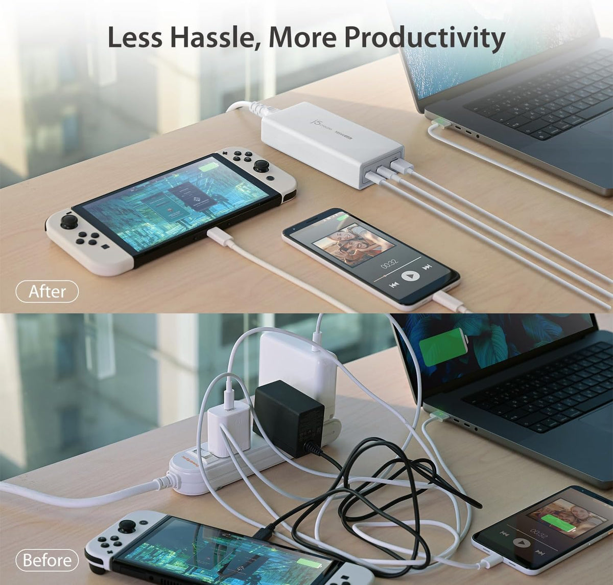 j5create 185W GaN USB-C/A 3-Port Laptop Super Cargador con Power Delivery 3.1