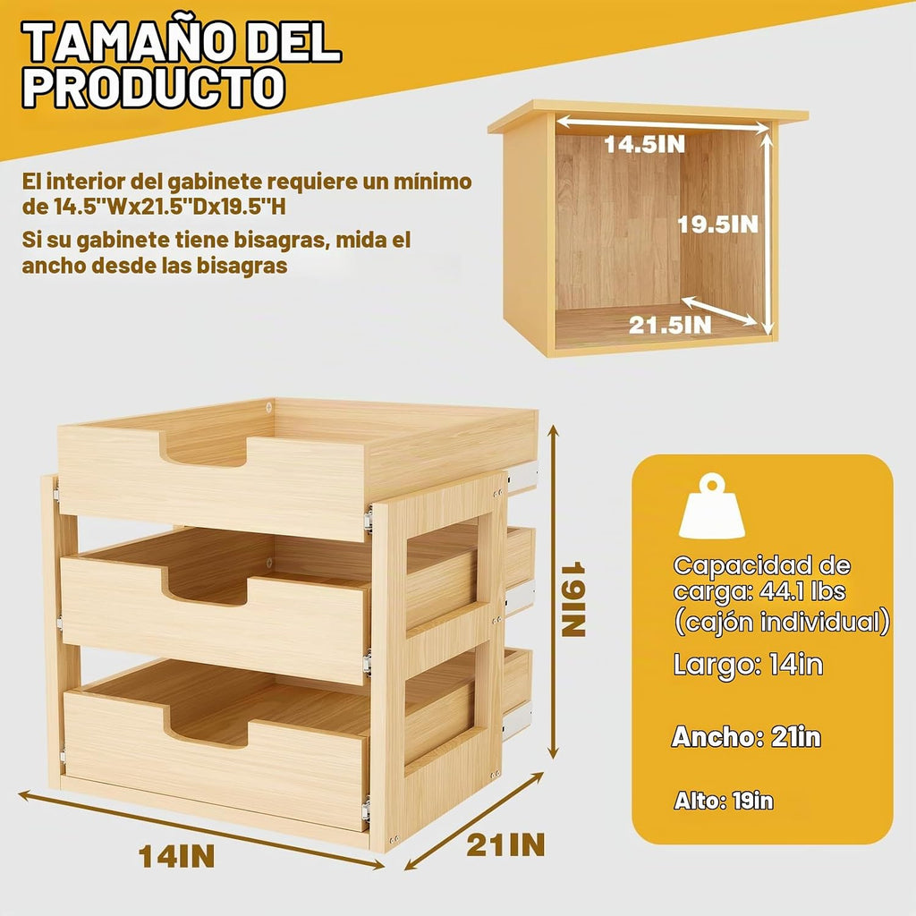 Organizador de gabinete extraíble, 14 pulgadas de ancho x 21 pulgadas de profundidad x 19 pulgadas de alto, cajones extraíbles de madera con deslizamiento y cierre suave, organizador de gabinete de