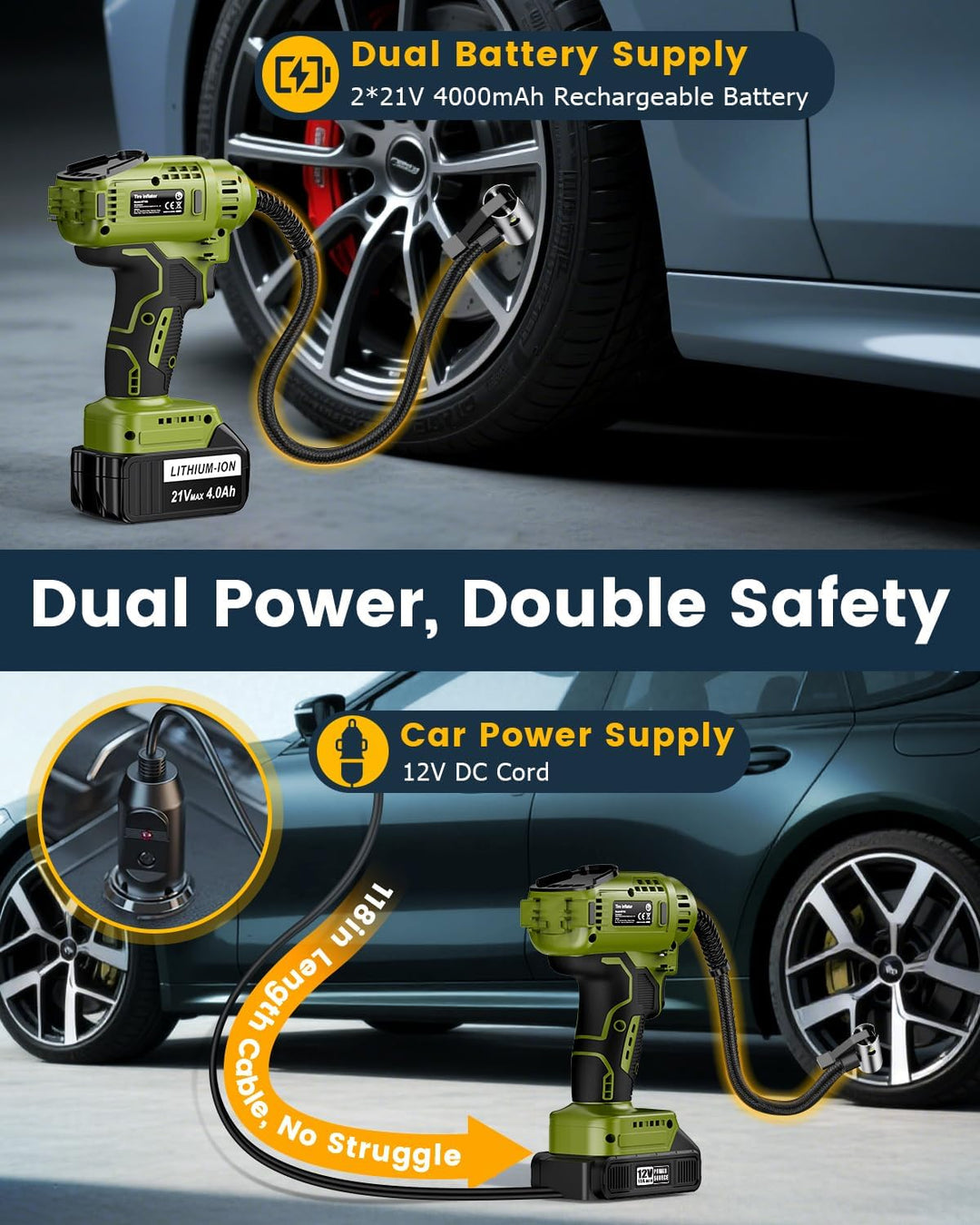 Compresor de aire portátil para neumáticos de automóvil con 2 bater...