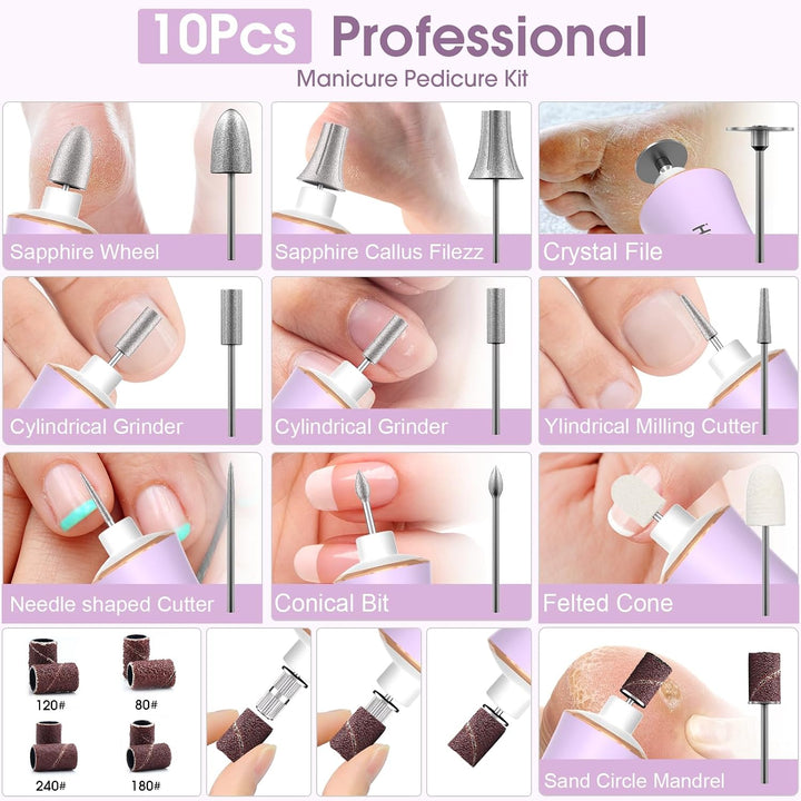 Kit profesional de manicura y pedicura con luz LED de 360° y 10 vel...