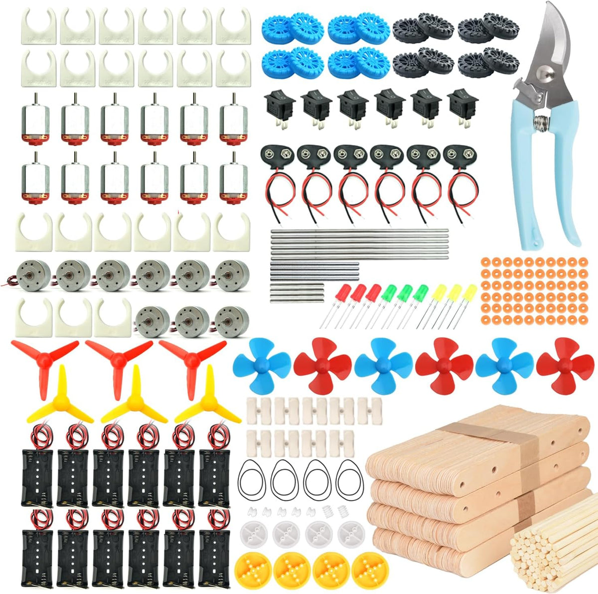 EUDAX Kit de 465 piezas de motor DC STEM Kit de motor eléctrico mini para proyectos científicos de bricolaje, Hélice de aspas de luz LED, Soporte de batería AA, engranajes de plástico, Kit de