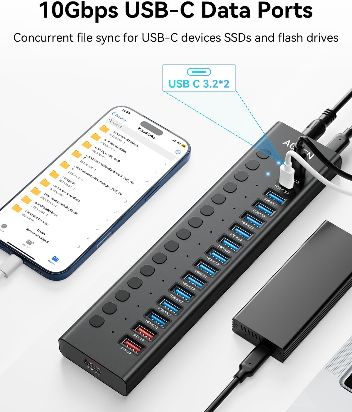 AGEEN, MKI-1200800C8, hub USB 3.2 de 16 puertos, alimentado