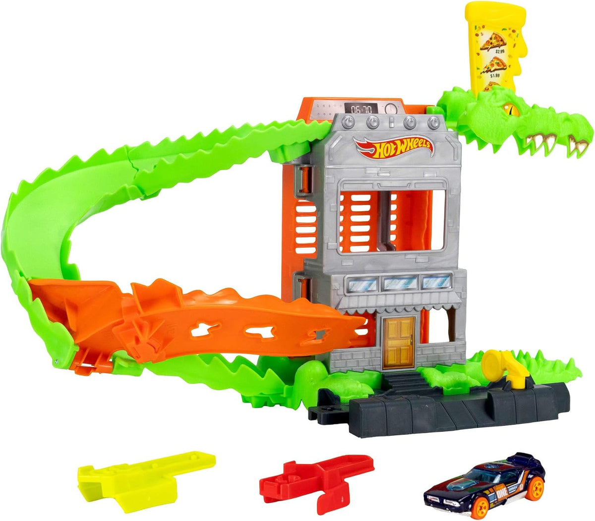 ​Hot Wheels Croc Pizza Attack Playset y auto de juguete a escala 1:64
