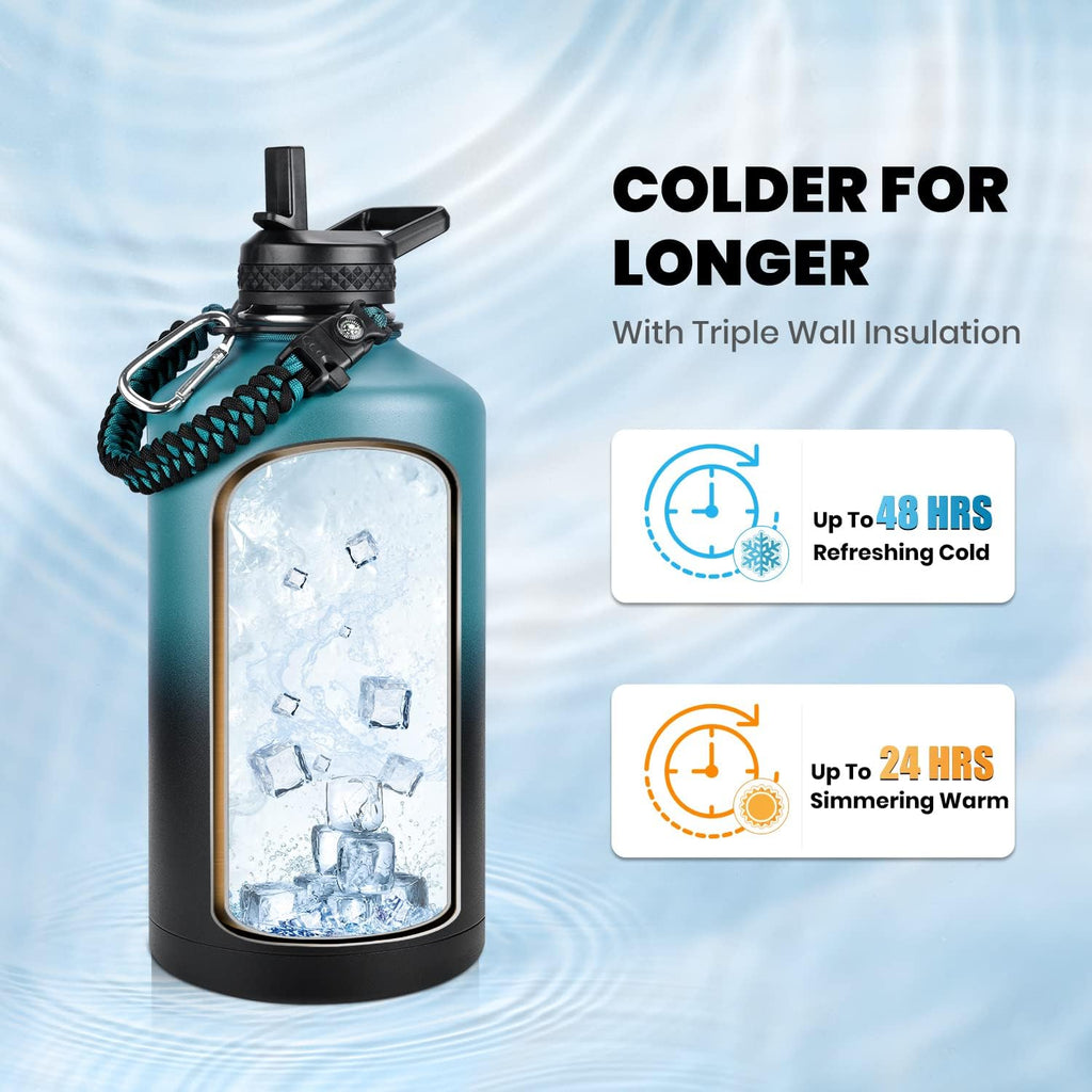 RAYMYLO Botella de agua de un galón de acero inoxidable con aislamiento al vacío de triple pared (fría por 48 horas), a prueba de fugas, sin BPA, con cuerda de paracaídas, tapa con boquilla y popote