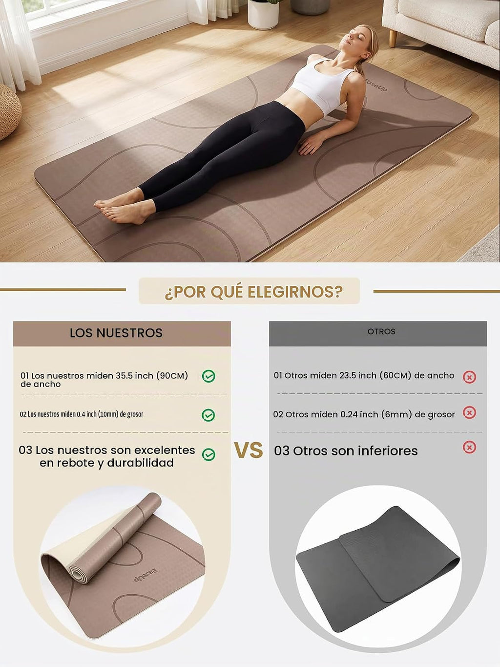 EaseUp Esterilla de yoga grande, 73 x 35.5 x 0.4 pies, extra gruesa y ancha, alfombrilla de pilates de 0.394 in, alfombrilla de ejercicio antideslizante, alfombrillas de entrenamiento para gimnasio en