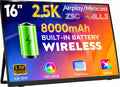 Monitor portátil inalámbrico de 16 pulgadas y 2.5K con batería de 8000 mAh, pantalla HDR de 500 nits, 125% sRGB, monitor de viaje externo USB-C / Mini HDMI, rotación automática, compatible con VESA