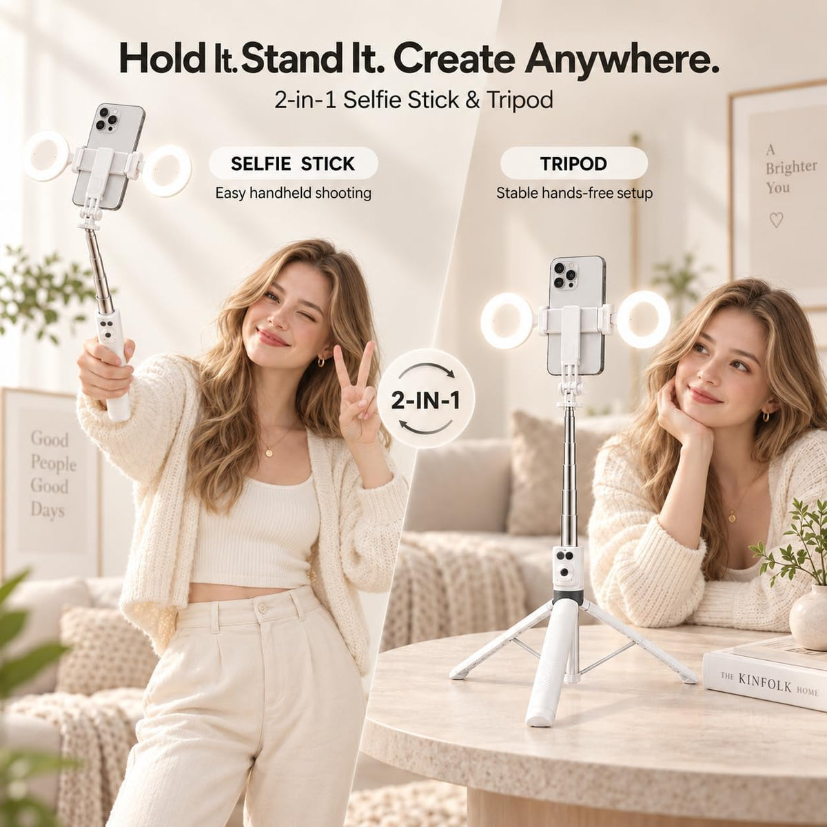 Trípode blanco del teléfono con la luz, 67 en Selfie Stick para el iPhone