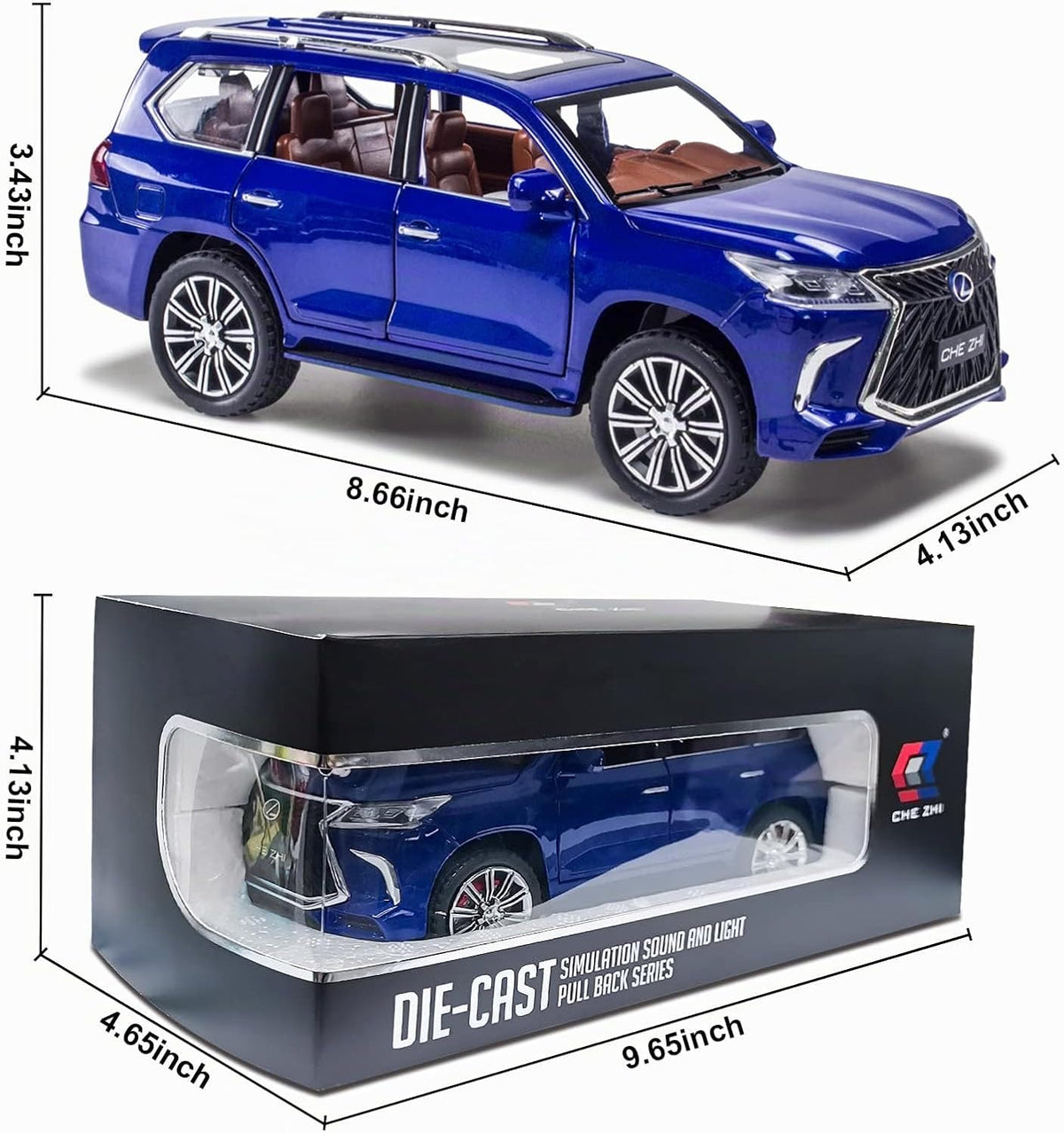 Modelo de auto fundido a presión escala 1/24 – Coche de juguete de aleación de zinc con retroceso con sonido y luz, vehículo de juguetes coleccionables para adultos y niños y niñas (azul)