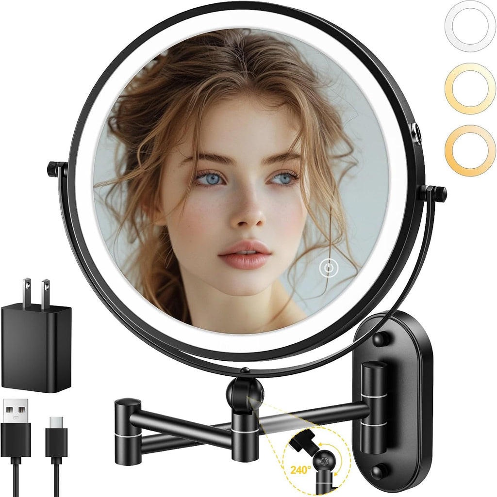 Espejo de maquillaje iluminado de pared de 9 pulgadas, espejo de aumento de doble cara recargable de 4000 mAh 1X/10X con luz, 3 luces de color, regulable al tacto, espejo de maquillaje montado en la pared con brazo extendido de rotación de 360 grados