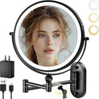 Espejo de maquillaje iluminado de pared de 9 pulgadas, espejo de aumento de doble cara recargable de 4000 mAh 1X/10X con luz, 3 luces de color, regulable al tacto, espejo de maquillaje montado en la pared con brazo extendido de rotación de 360 grados