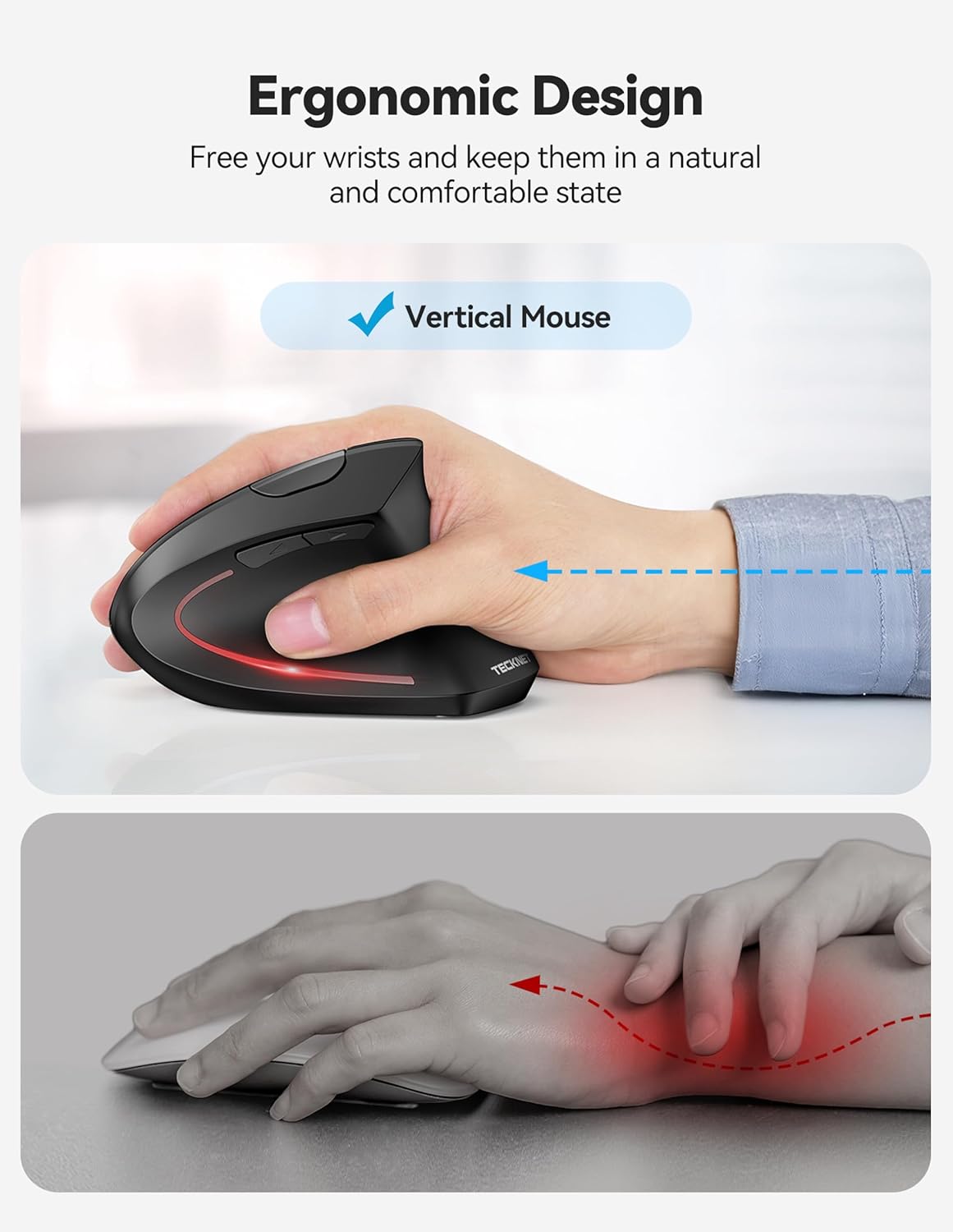 TECKNET Ratón ergonómico con Jiggler, mouse vertical inalámbrico Bl...