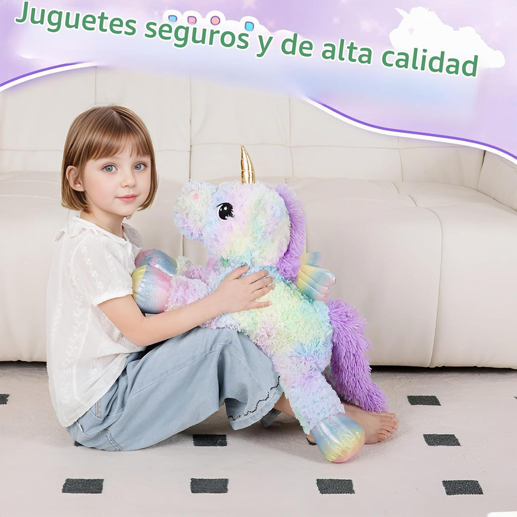 Animal de peluche de unicornio rosa arcoíris de 24 pulgadas, con alas, suave, lindo y grande, almohada de peluche, regalo para niños, niñas, niños, cumpleaños, San Valentín, Navidad