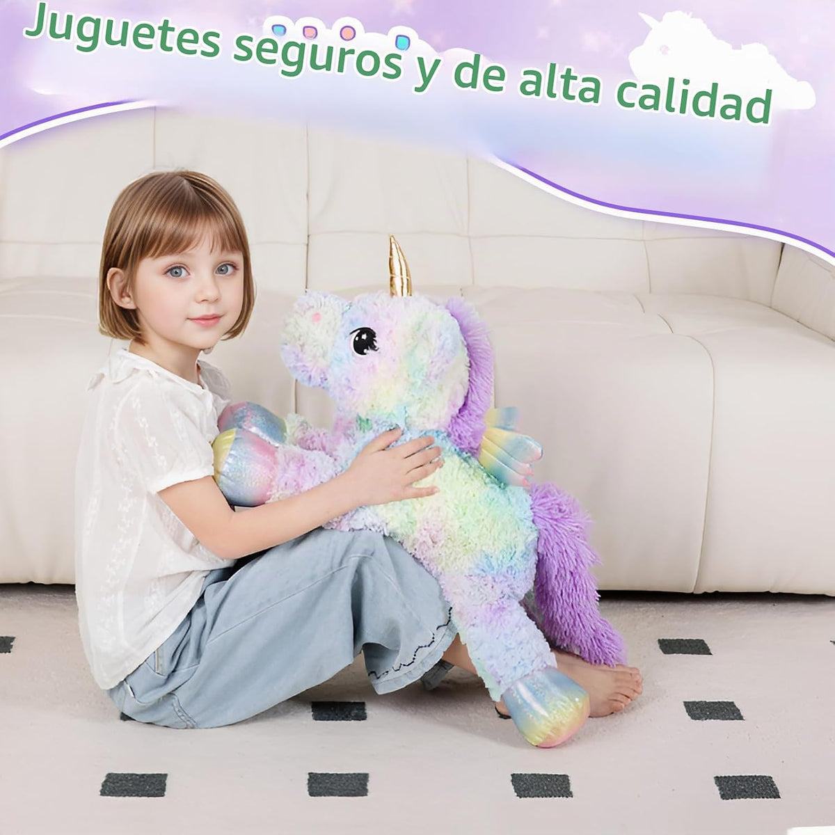 Animal de peluche de unicornio rosa arcoíris de 24 pulgadas, con alas, suave, lindo y grande, almohada de peluche, regalo para niños, niñas, niños, cumpleaños, San Valentín, Navidad
