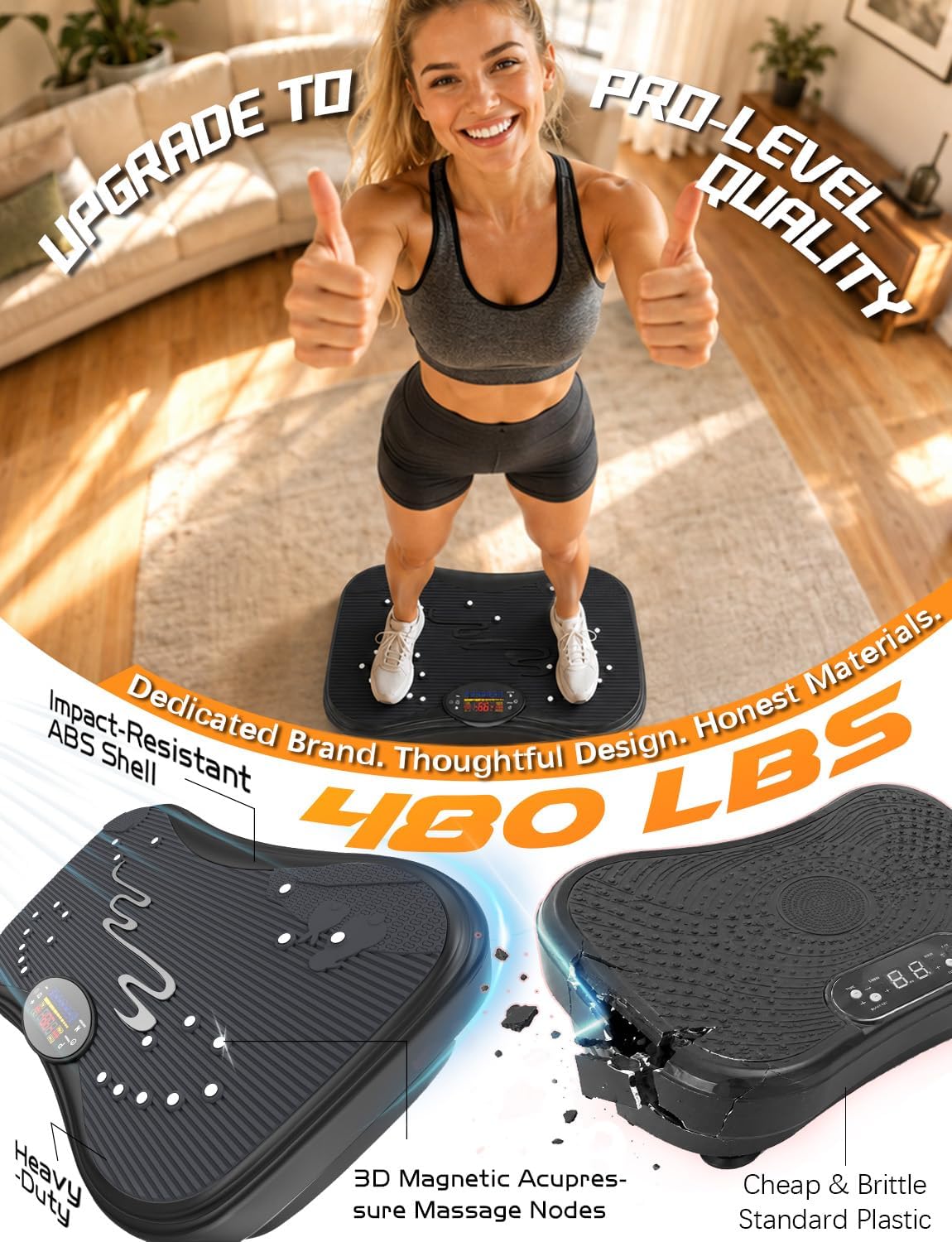 Máquina de placa vibratoria para ejercicio 480 lbs, pantalla a color, Bluetooth, 99 velocidades