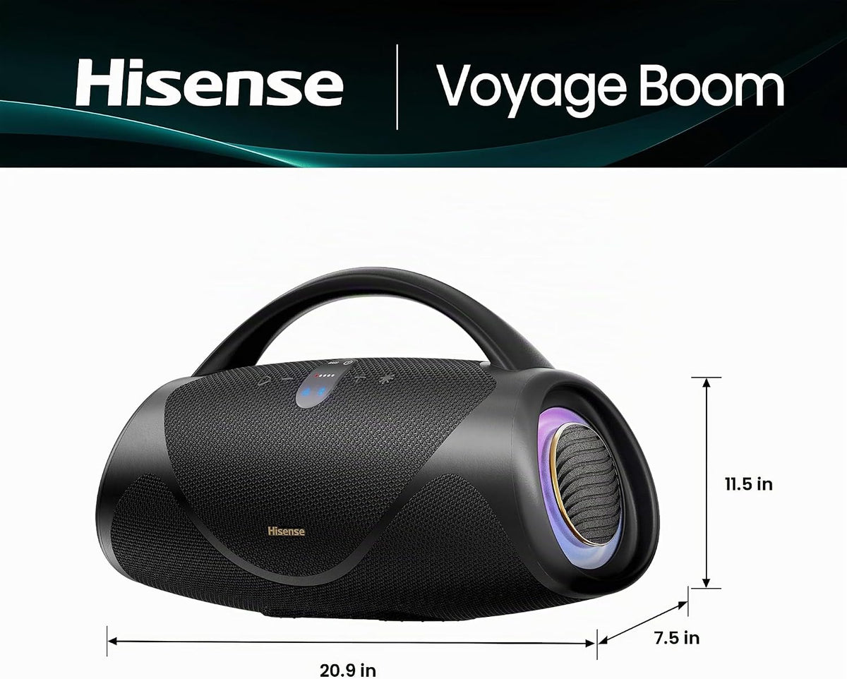 Hisense VoyageBoom - Altavoz Bluetooth portátil, resistente al agua IP67, a prueba de polvo y golpes, hasta 24 horas de tiempo de reproducción, graves masivos, luz ambiental, banco de potencia