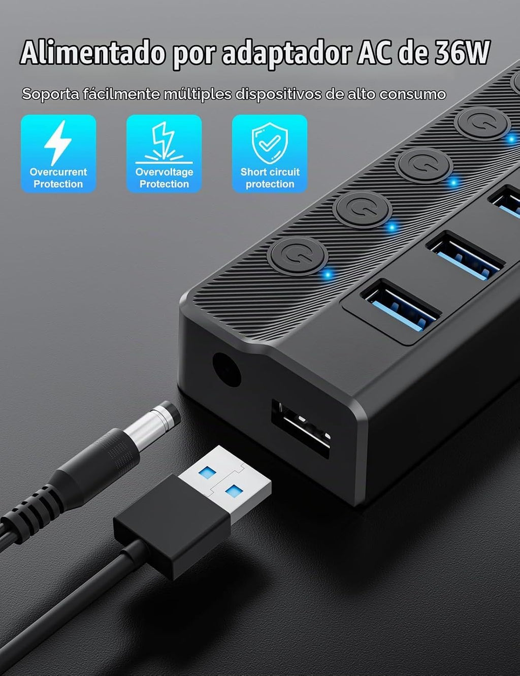 Onfinio, E336751-VolX3-SecA6009, hub USB 3.0 de 10 puertos, alimentado, adaptador 12V/3A