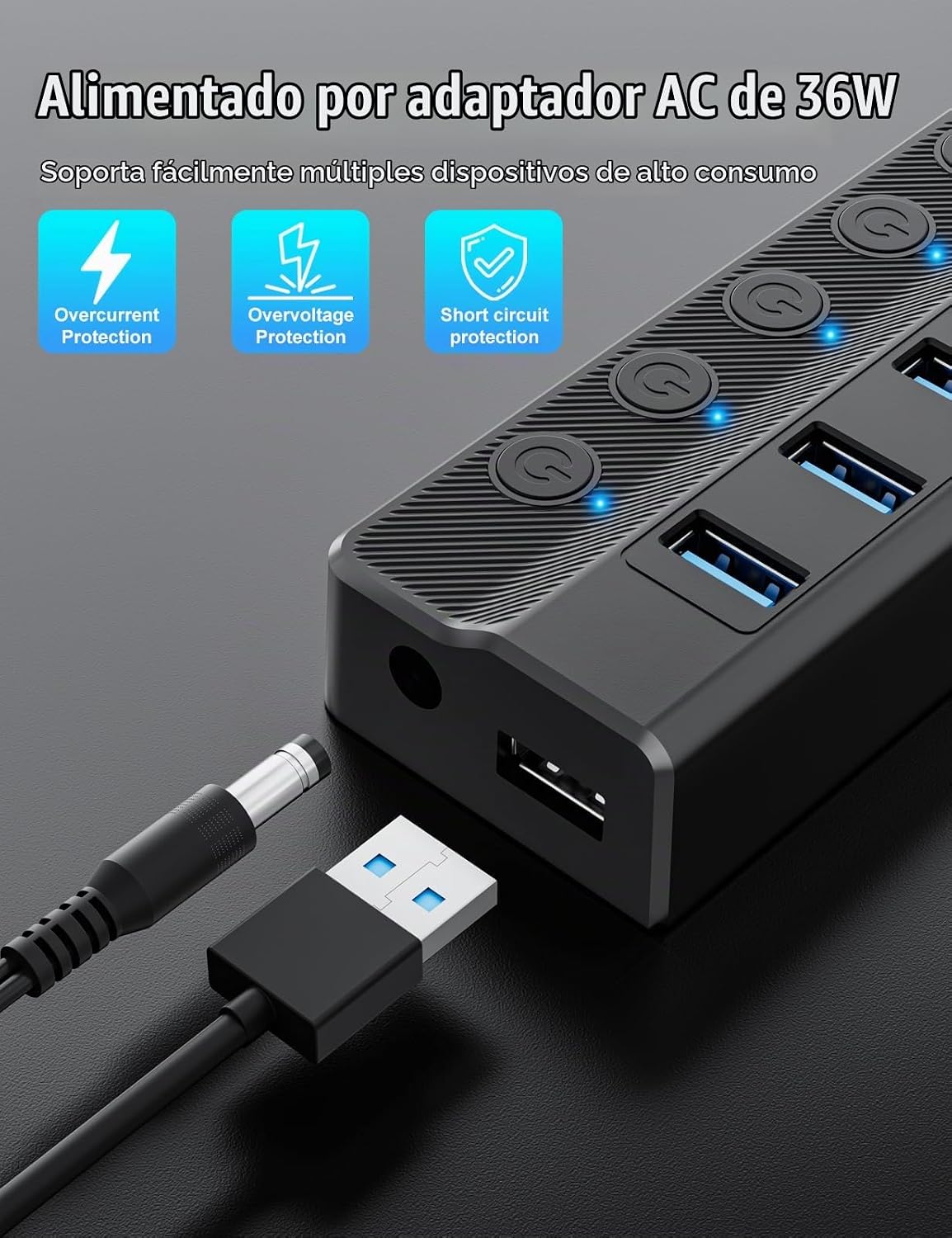 Onfinio, E336751-VolX3-SecA6009, hub USB 3.0 de 10 puertos, alimentado, adaptador 12V/3A